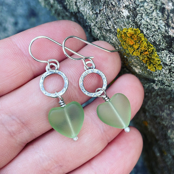 Cultured Sea Glass and Sterling Silver Heart Earrings