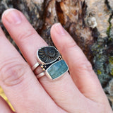 Pyritized Ammonite Negative, Natural Surface Labradorite, Brass and Sterling Silver Ring