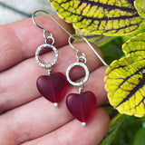 Cultured Sea Glass and Sterling Silver Heart Earrings