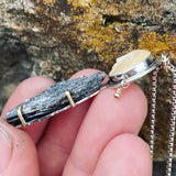 Natural Surface Black Kyanite, Fossil Mammoth Ivory, 14K Gold and Sterling Silver Goddess Pendant