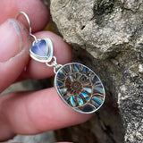 Blue Chalcedony, Ammonite with Abalone Inlay and Sterling Silver Earrings