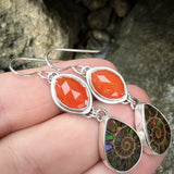 Faceted Carnelian, Ammonite with Ammolite Inlay and Sterling Silver Earrings