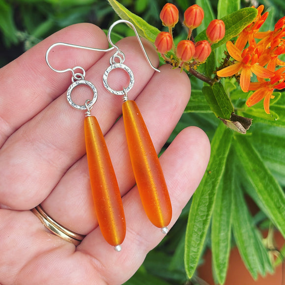 Cultured Sea Glass (Orange) and Sterling Silver Earrings