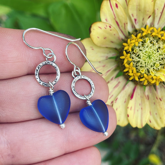 Cultured Sea Glass and Sterling Silver Heart Earrings
