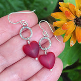 Cultured Sea Glass and Sterling Silver Heart Earrings