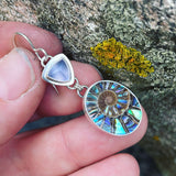 Blue Chalcedony, Ammonite with Abalone Inlay and Sterling Silver Earrings