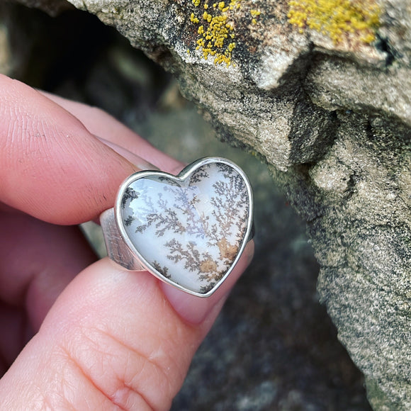 Dendritic Agate and Sterling Silver Heart Ring