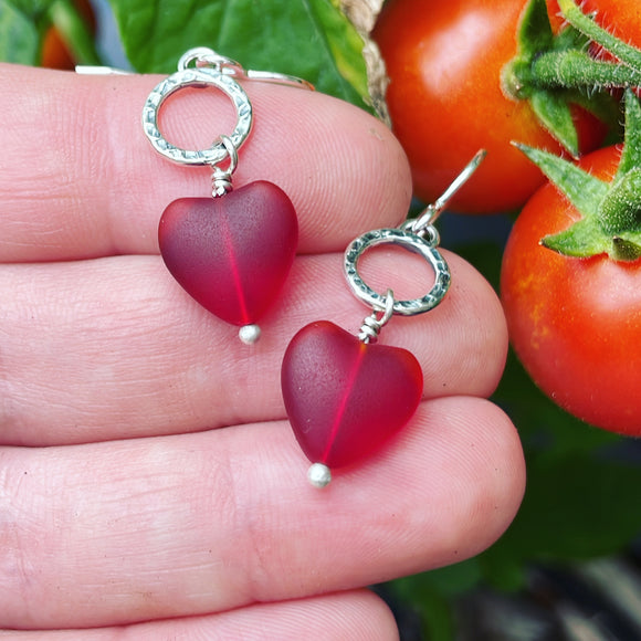 Cultured Sea Glass and Sterling Silver Heart Earrings