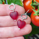 Cultured Sea Glass and Sterling Silver Heart Earrings