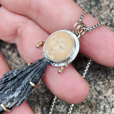Natural Surface Black Kyanite, Fossil Mammoth Ivory, 14K Gold and Sterling Silver Goddess Pendant