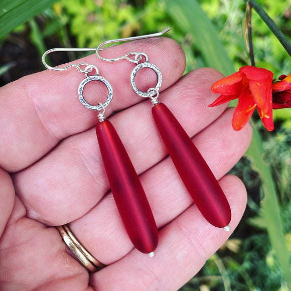 Cultured Sea Glass (Red) and Sterling Silver Earrings