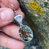 Blue Chalcedony, Ammonite with Abalone Inlay and Sterling Silver Earrings