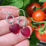 Cultured Sea Glass and Sterling Silver Heart Earrings