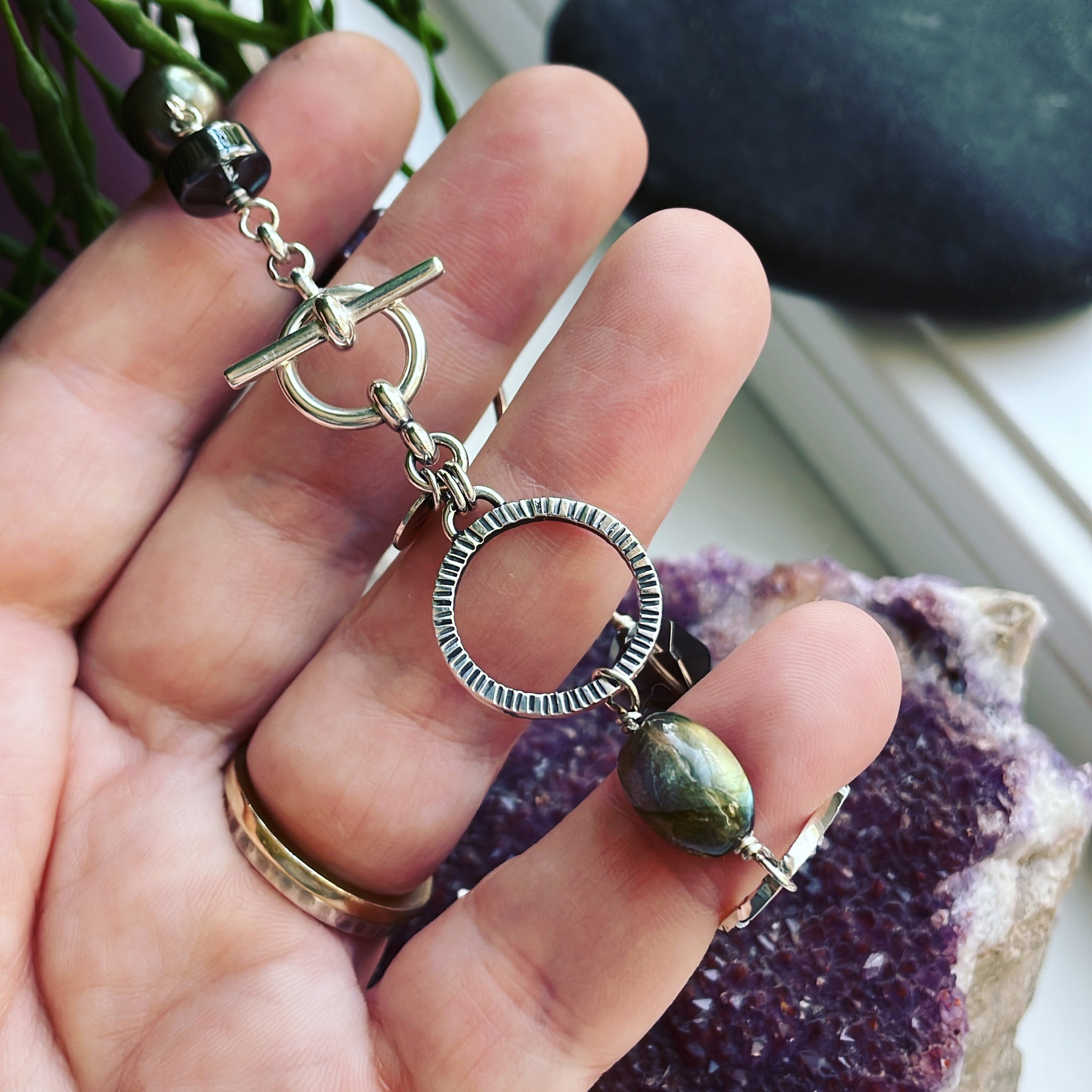 Labradorite, Smoky Quartz, Pearl, Hematite and Sterling Silver