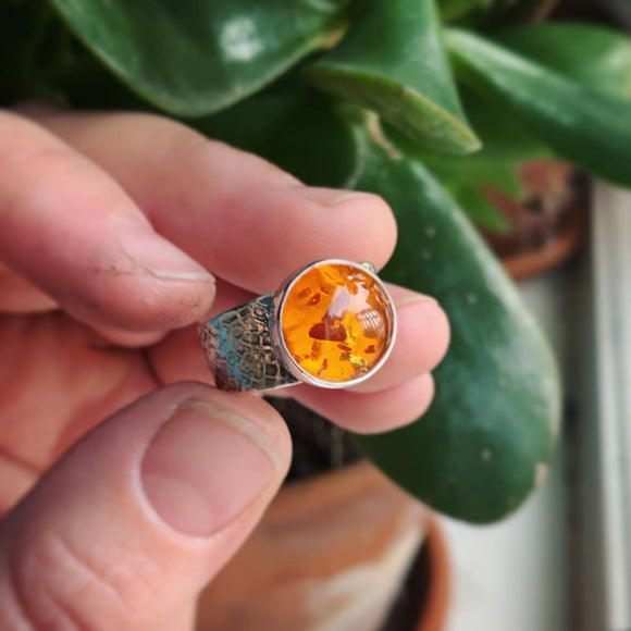 Amber and Sterling Silver Ring